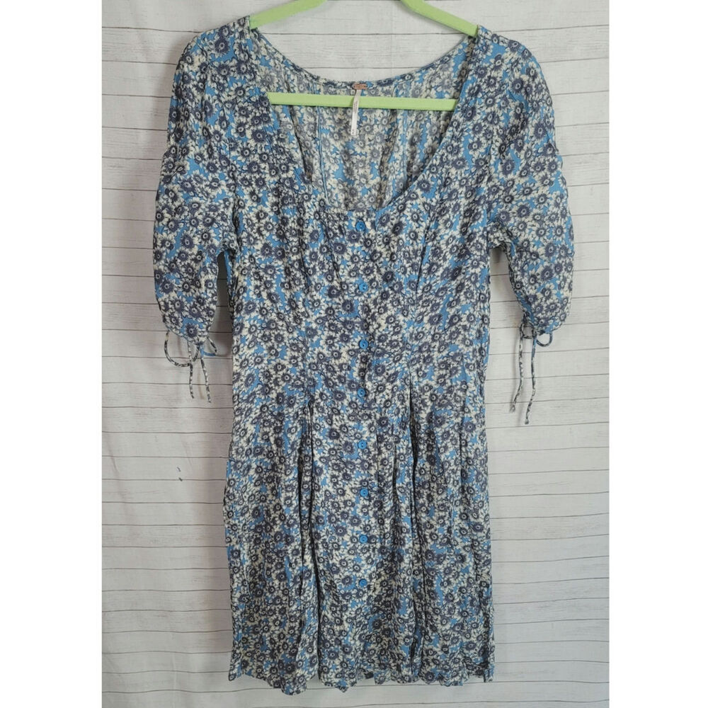 Free People Laced Up Floral Baby Doll Mini Dress in Cornflower Blue, sz Medium